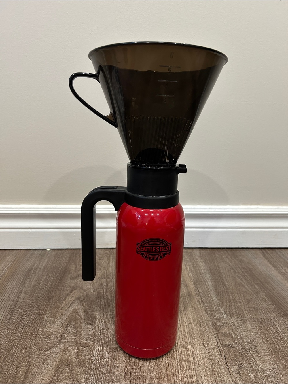 Seattle's Best Red Insulated Coffee Carafe with Black Pourer Funnel